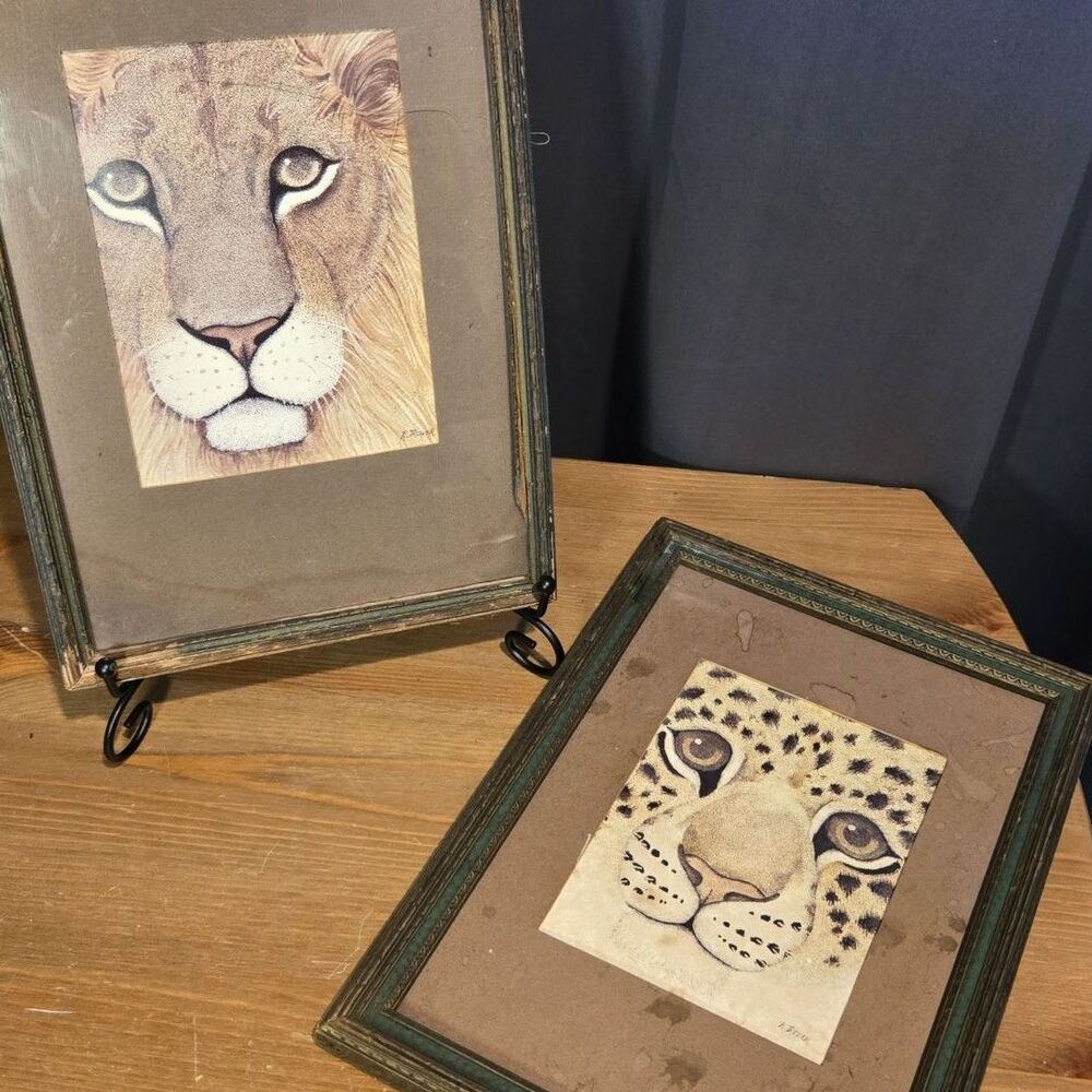 Framed Art Signed By K Trower, Lion & Cheetah Vintage 70s 80s
